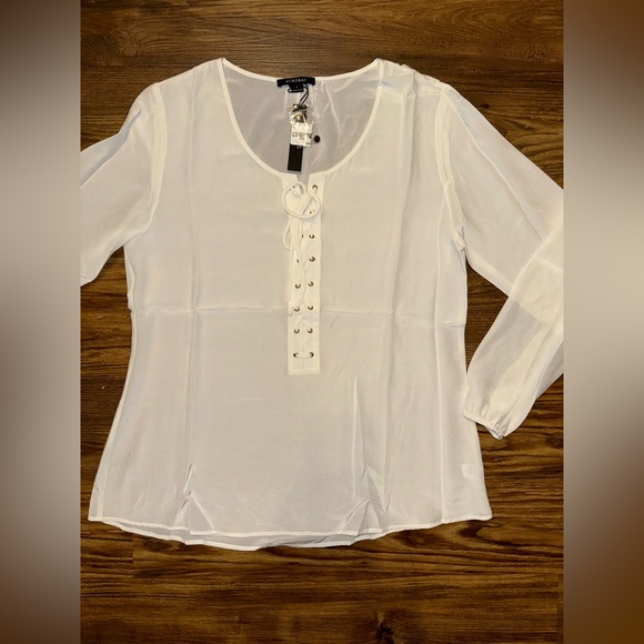ACROBAT Ivory White Silk Lace Up Blouse L - Picture 8 of 12